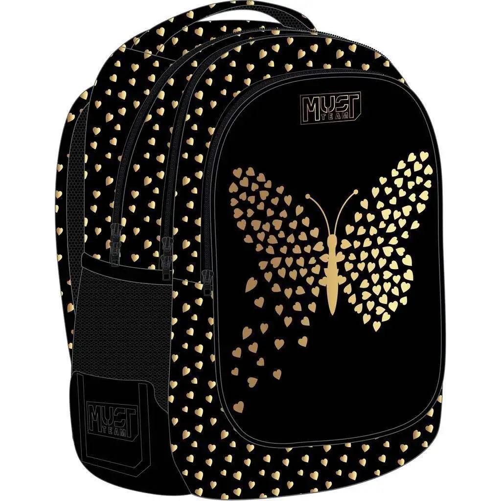 Luna: Must čierny batoh s motívom motýľa, 3 priehradky, 32x18x43 cm