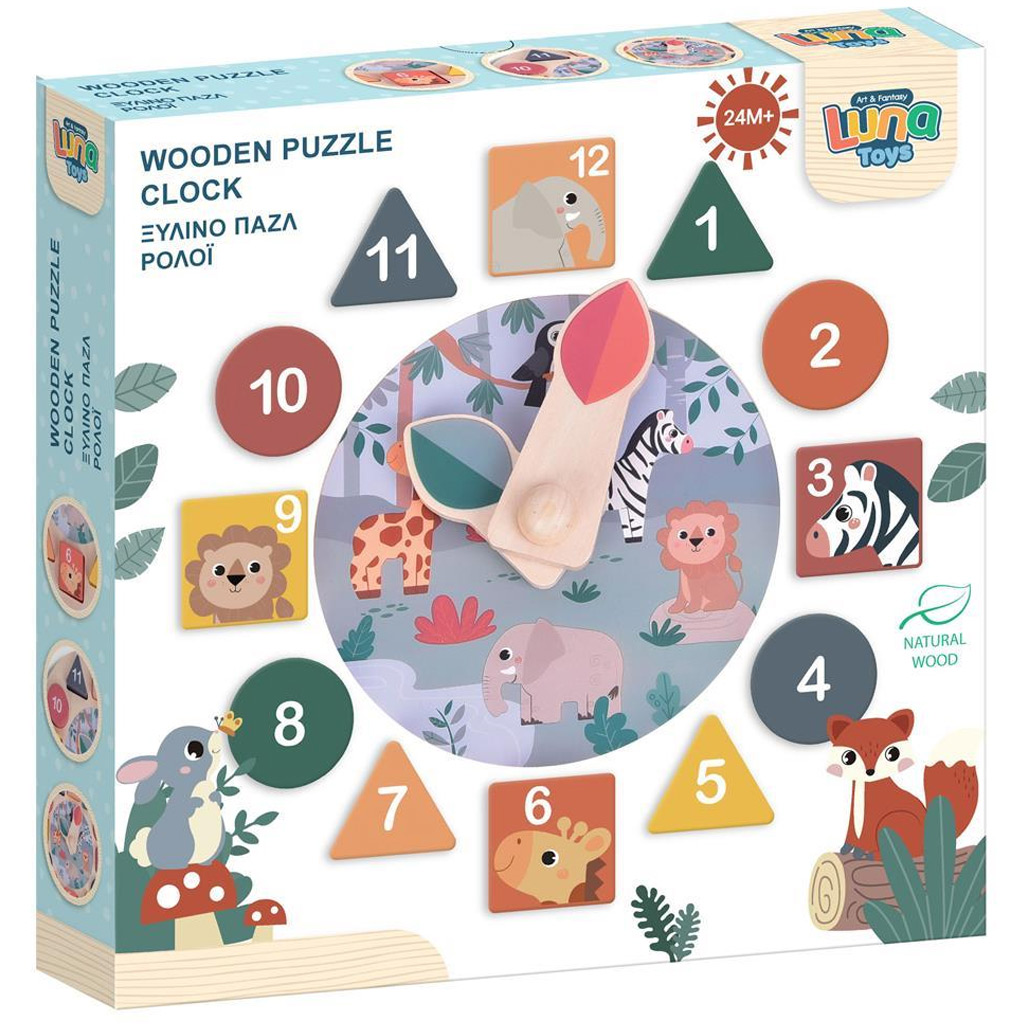 Luna: Zvieratá a tvary - drevené hodiny na vkladanie tvarov, rozvíjajúca hračka