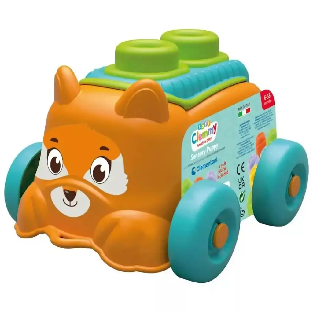 Mäkké stavebné kocky na rozvoj zručností v krabičke s kolieskami a zvieratkami - Clementoni