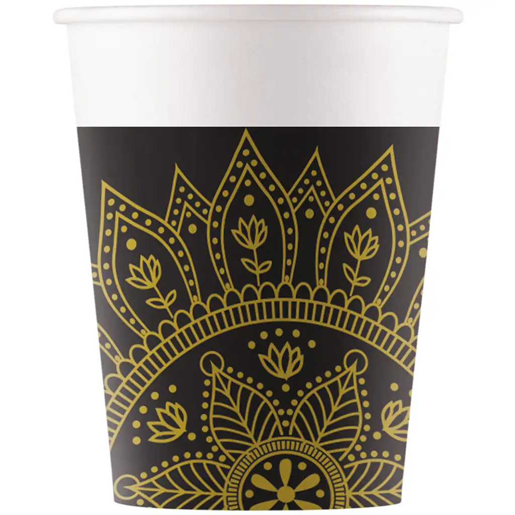 Mandala čierno-zlaté papierové poháre 8 ks sada 200 ml