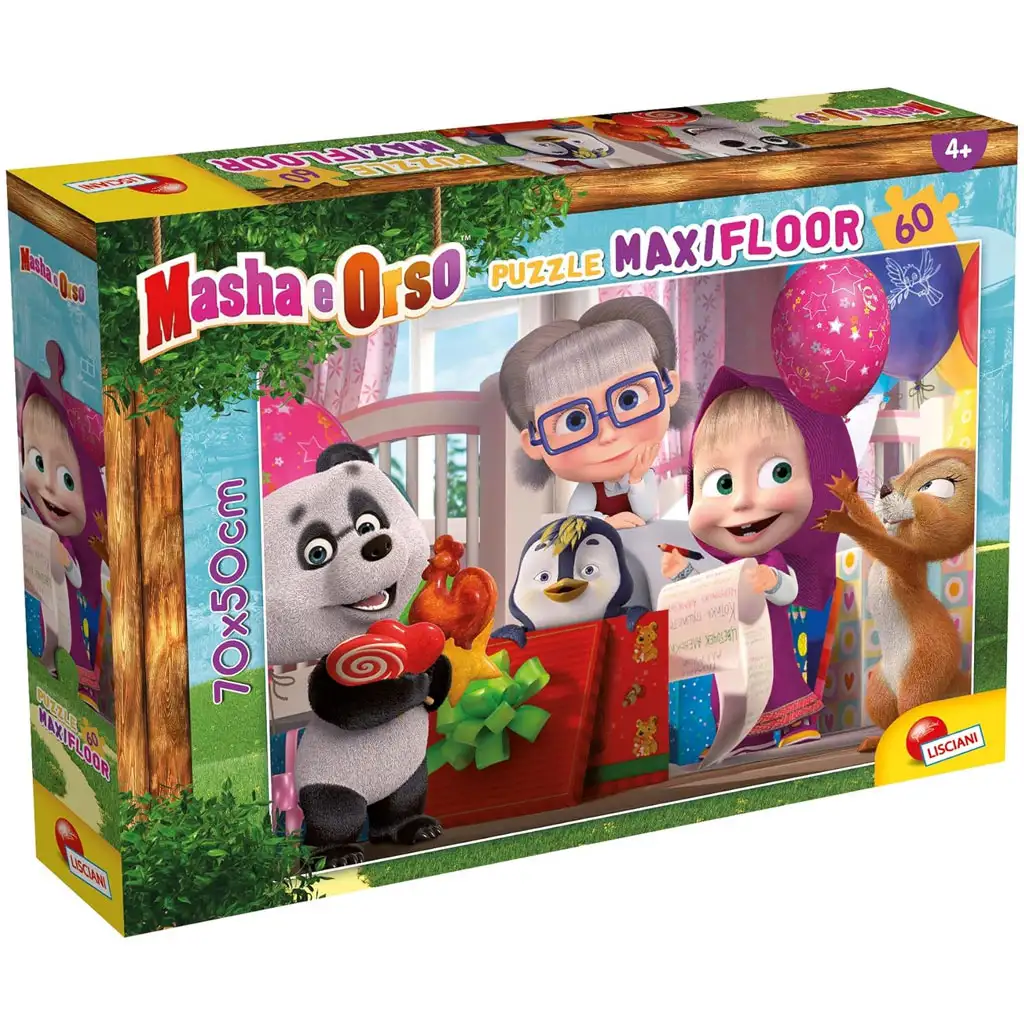 Máša a medveď prekvapujúca párty 60-dielne maxi podlahové puzzle 70x50 cm - Lisciani