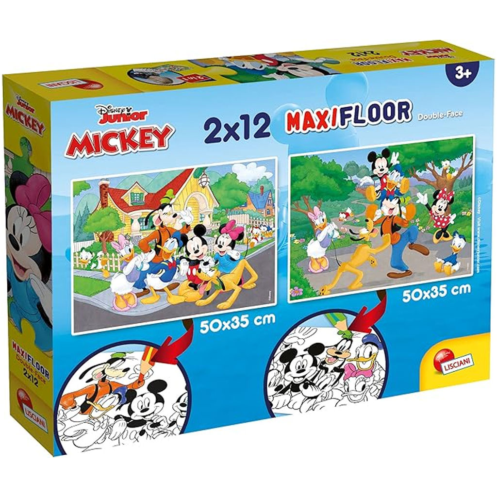 Mickey Mouse 2 v 1, 2x12-dielne maxi puzzle a omaľovánka - Lisciani