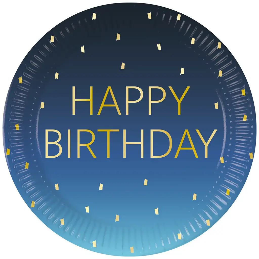 Modrá papierová tanierová súprava s nápisom "Happy Birthday", 8 ks, 23 cm