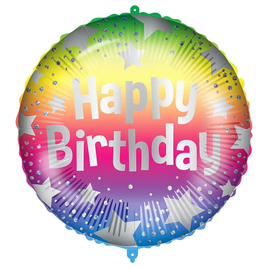 Narodeninový fóliový balón – s nápisom „Happy Birthday“, s dúhovým hviezdičkovým vzorom, 46 cm