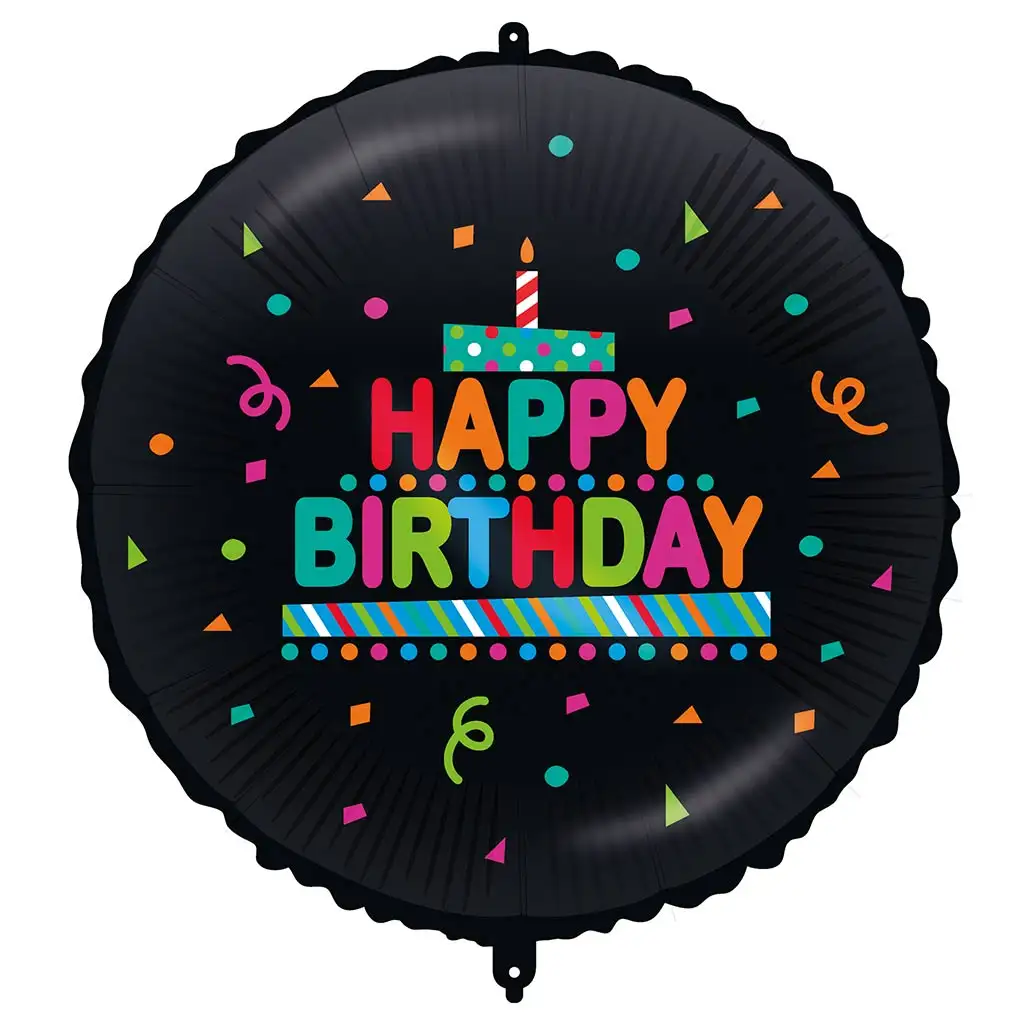 Narodeninový fóliový balón – s nápisom „Happy Birthday“, s tortou a konfetami, na čiernom pozadí, 46 cm