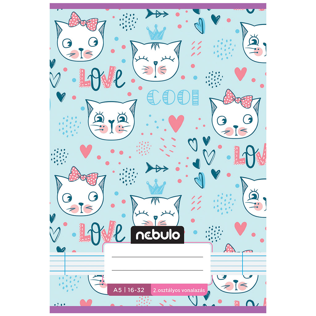 Nebulo: Zošit sponkovaný pre 2. ročník, pastelovo modrý so vzorom mačky, linajkový, 16-32 A/5