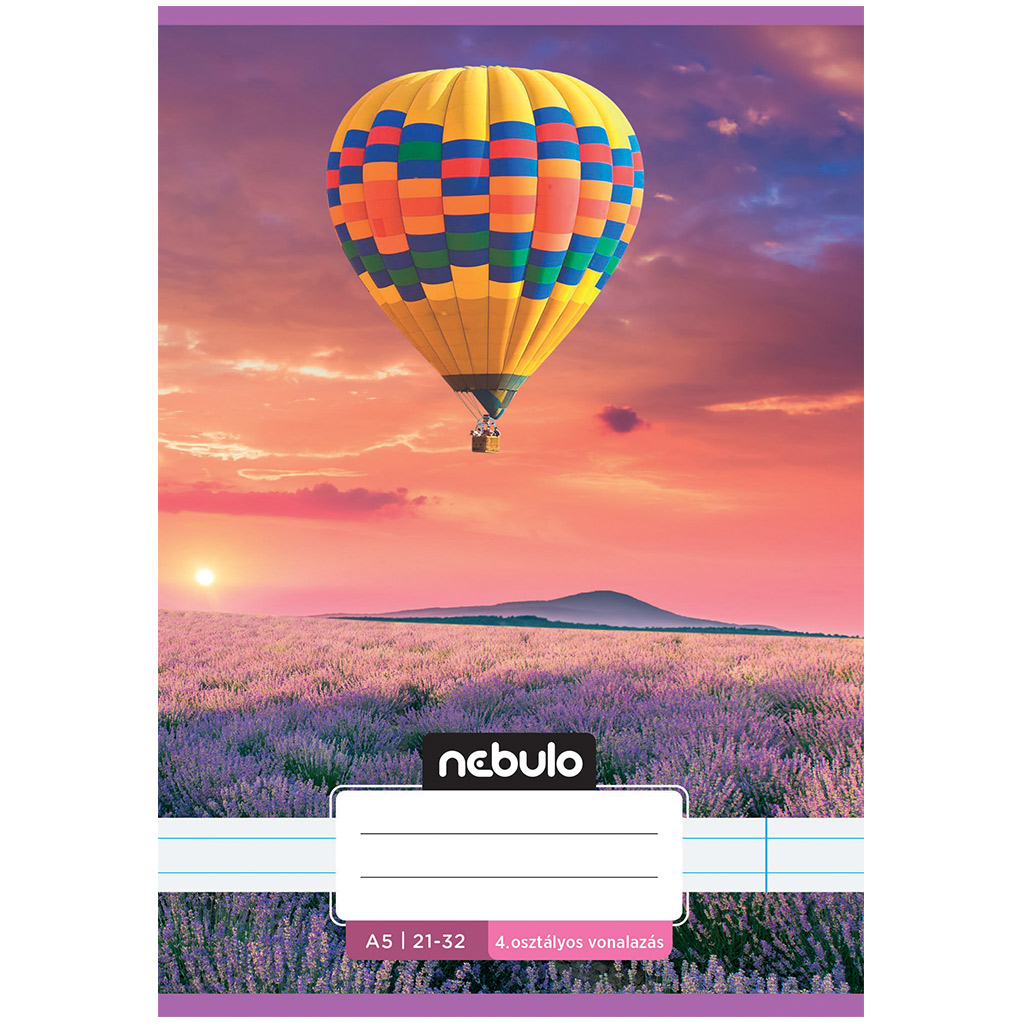 Nebulo: Zošívaný zošit pre 4. ročník s motívom teplovzdušného balóna nad levanduľami, linajkovaný, 21-32 A/5