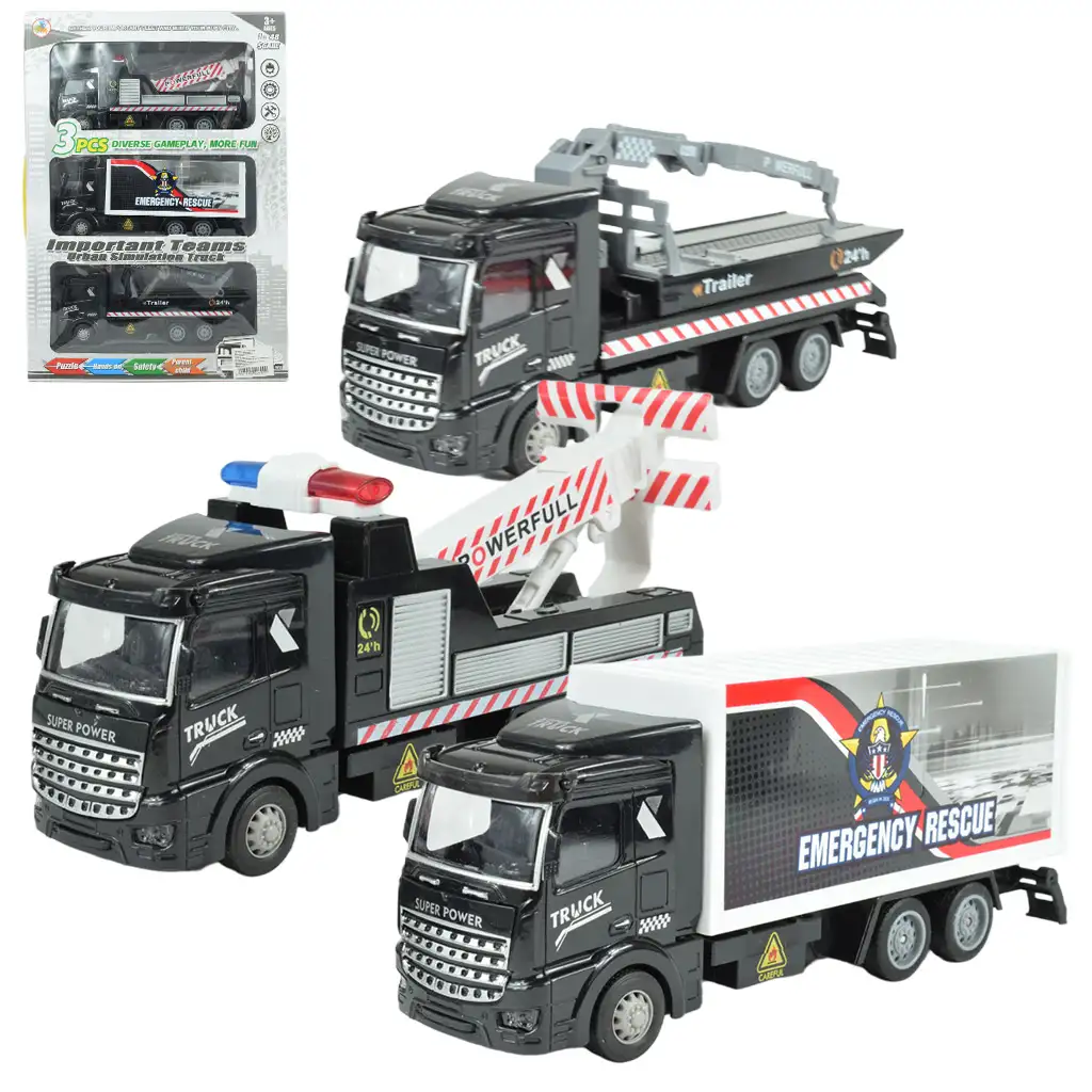 Núdzové záchrana: Súprava troch nákladných áut pre ochranu pred katastrofami s kolesami.