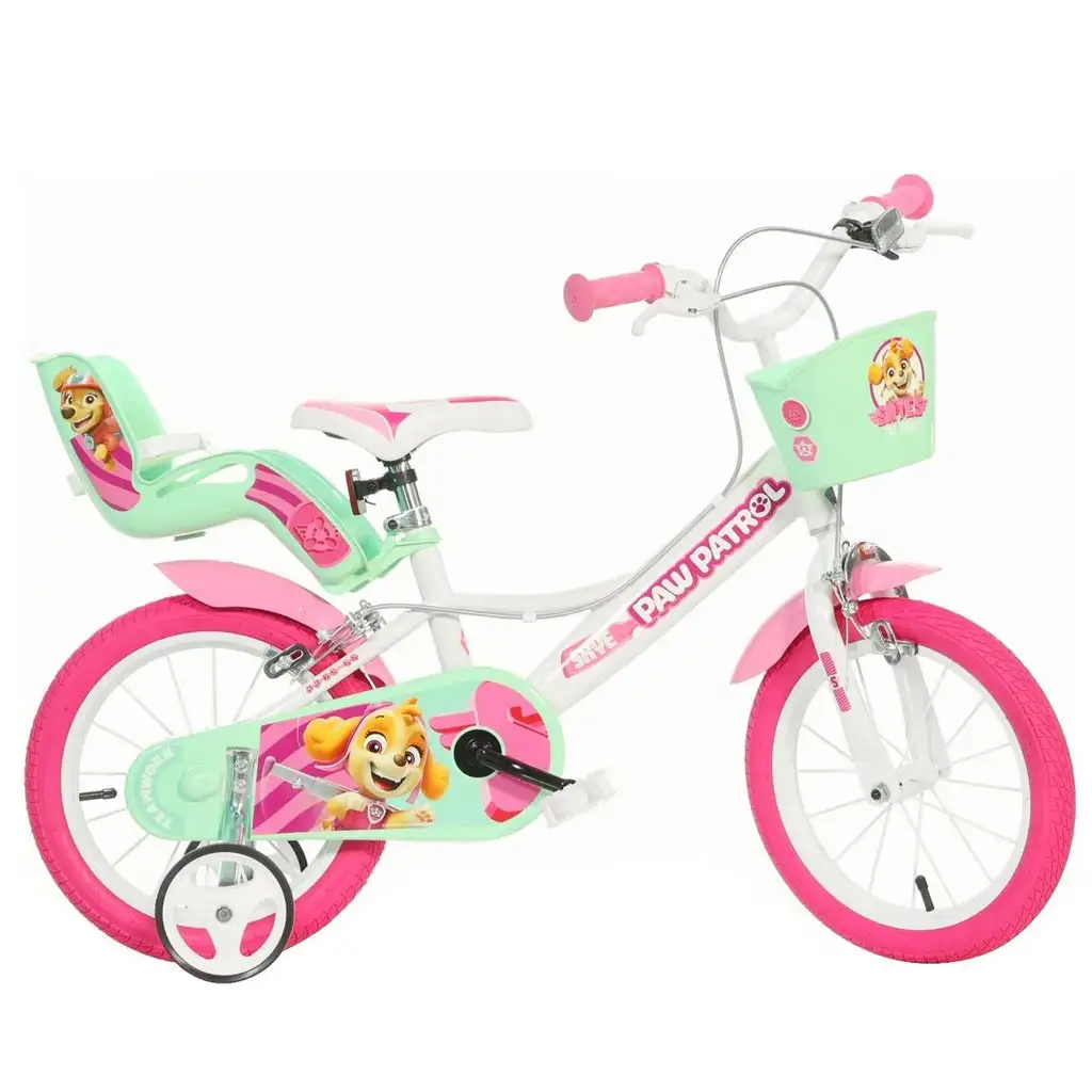 Paw Patrol Skye 14” detský bicykel s košíkom a sedačkou pre bábiku v ružovo-mentolovej farbe – bicykel Dino Bikes