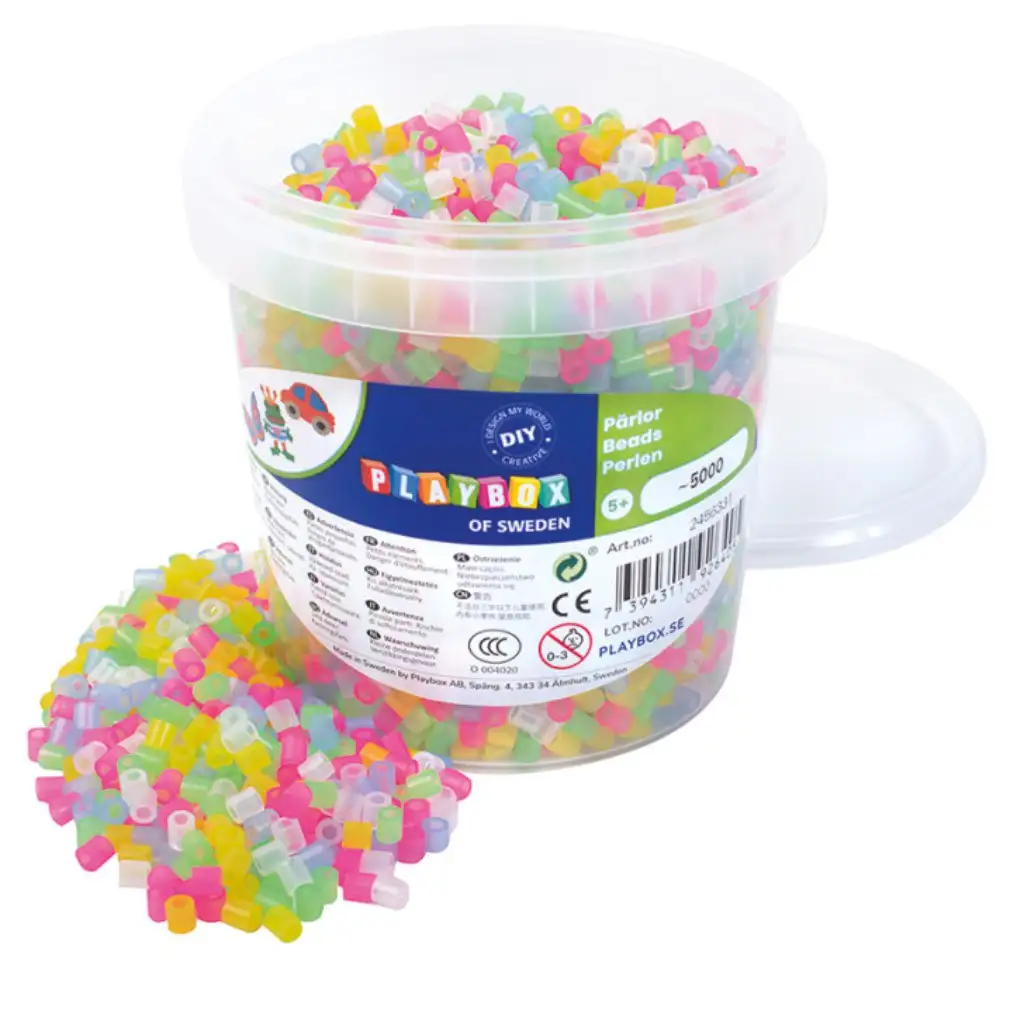 PlayBox: 5mm MIDI žehliace korálky, 5000 ks, priehľadný mix vo vedierku