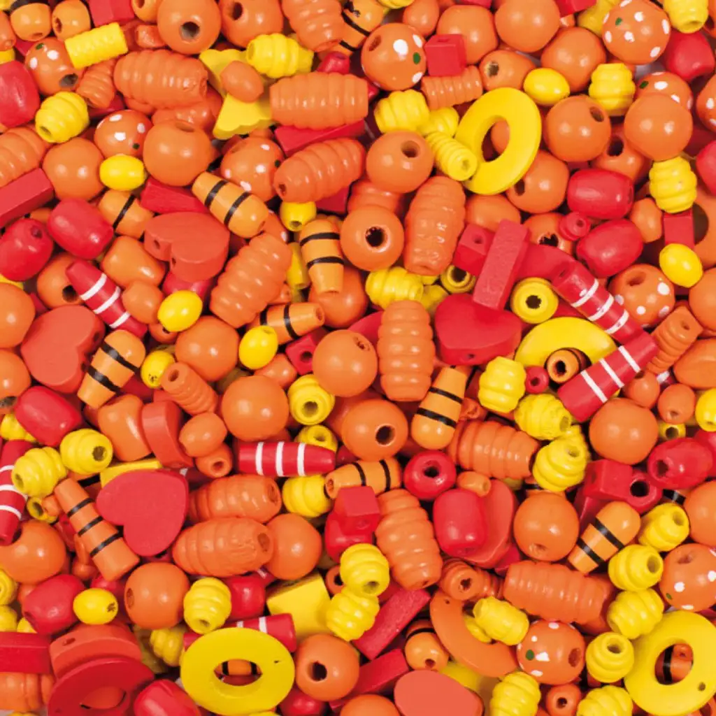 PlayBox: Drevené korálky na varenie v žltých a červených farbách, zmiešané, 250g sada.