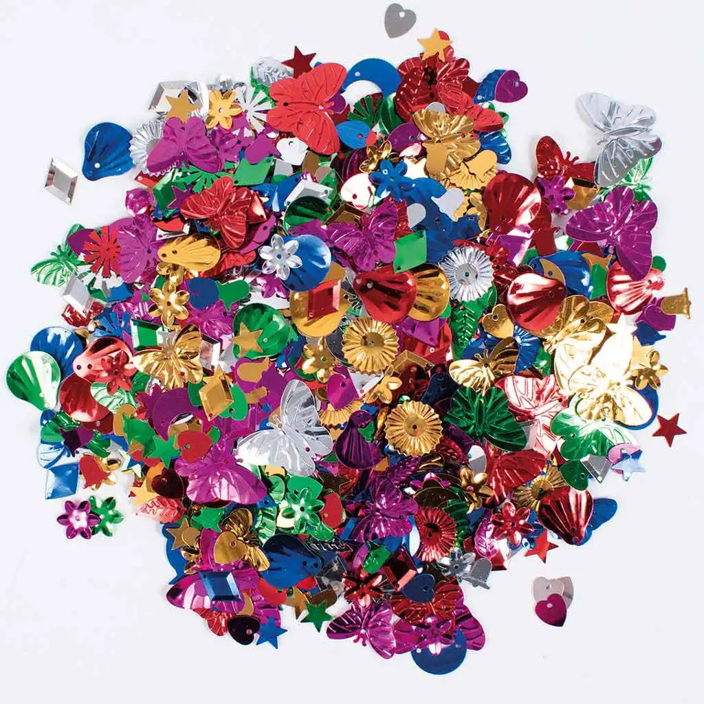 PlayBox: Farebné flitre v rôznych farbách, veľkostiach a tvaroch, balenie 250g.