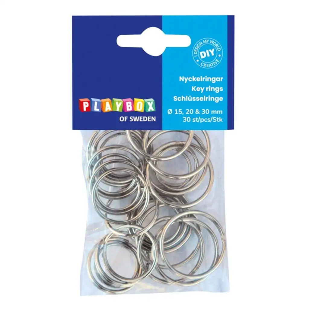 PlayBox: Kovové kľúčenky v troch veľkostiach, balenie 30 kusov.