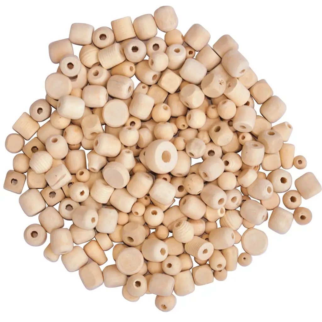 PlayBox: Prírodné drevené korálky na varenie v rôznych veľkostiach a tvaroch, 500g balenie.