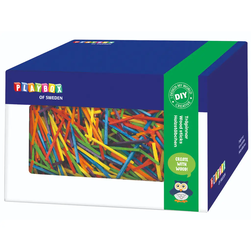 PlayBox: Sada farebných drevených paličiek v krabici 350 gramov