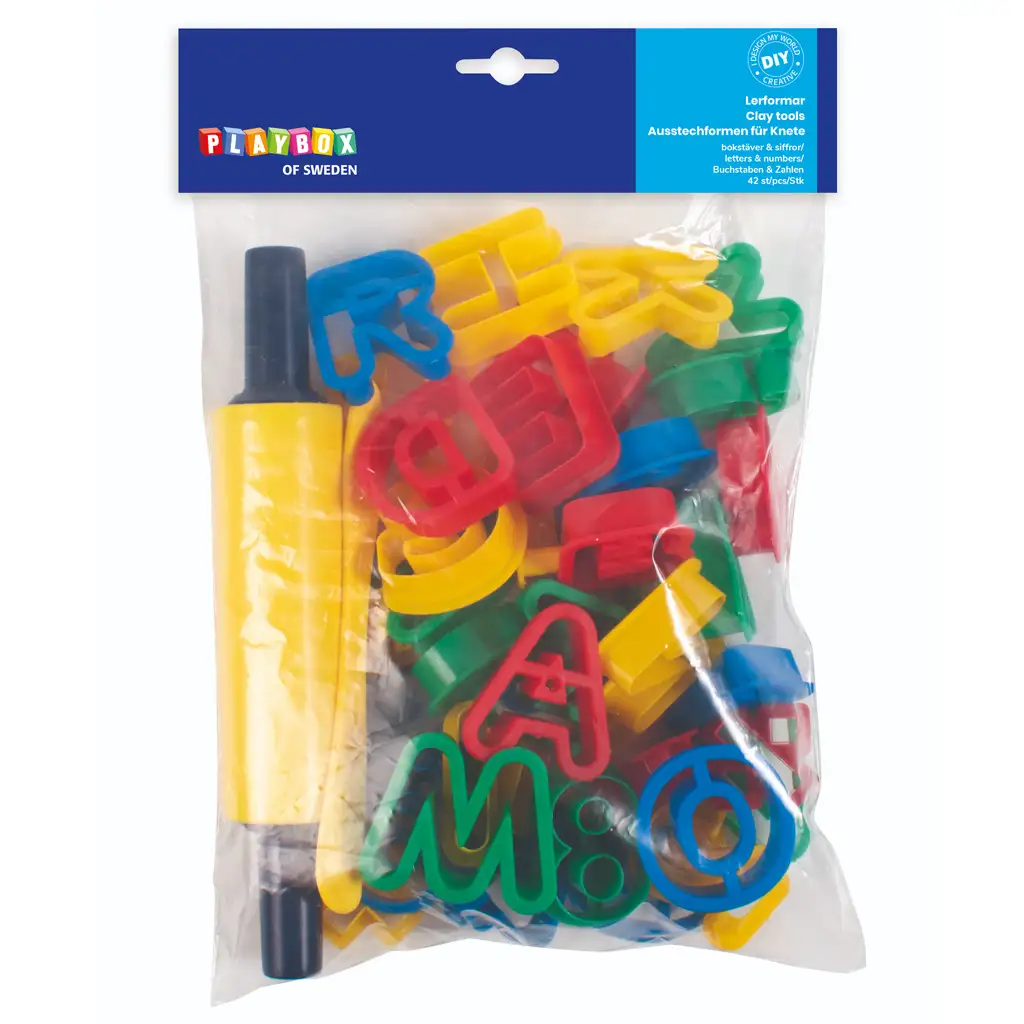 PlayBox: Sada na modelovanie plastelíny s vykrajovacími formami a valčekom, 42 kusov.