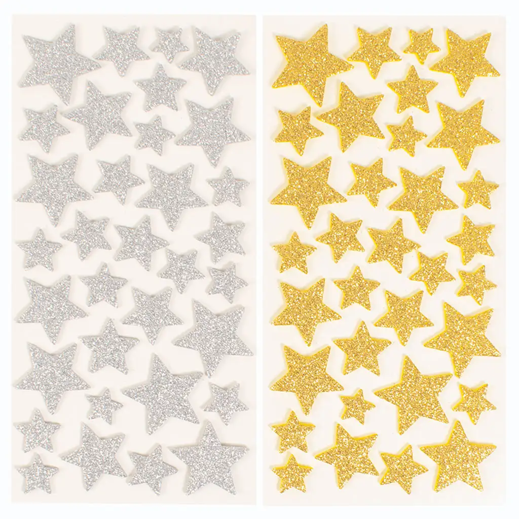 PlayBox: Sada trblietavých zlatých a strieborných hviezdičkových nálepiek, 132 ks.