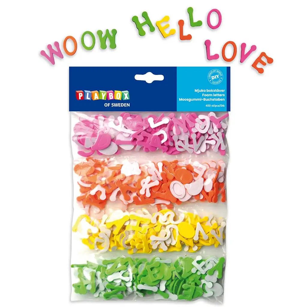 PlayBox: Samolepiace penové písmená v rôznych farbách, 2,5 cm, balenie 400 kusov.