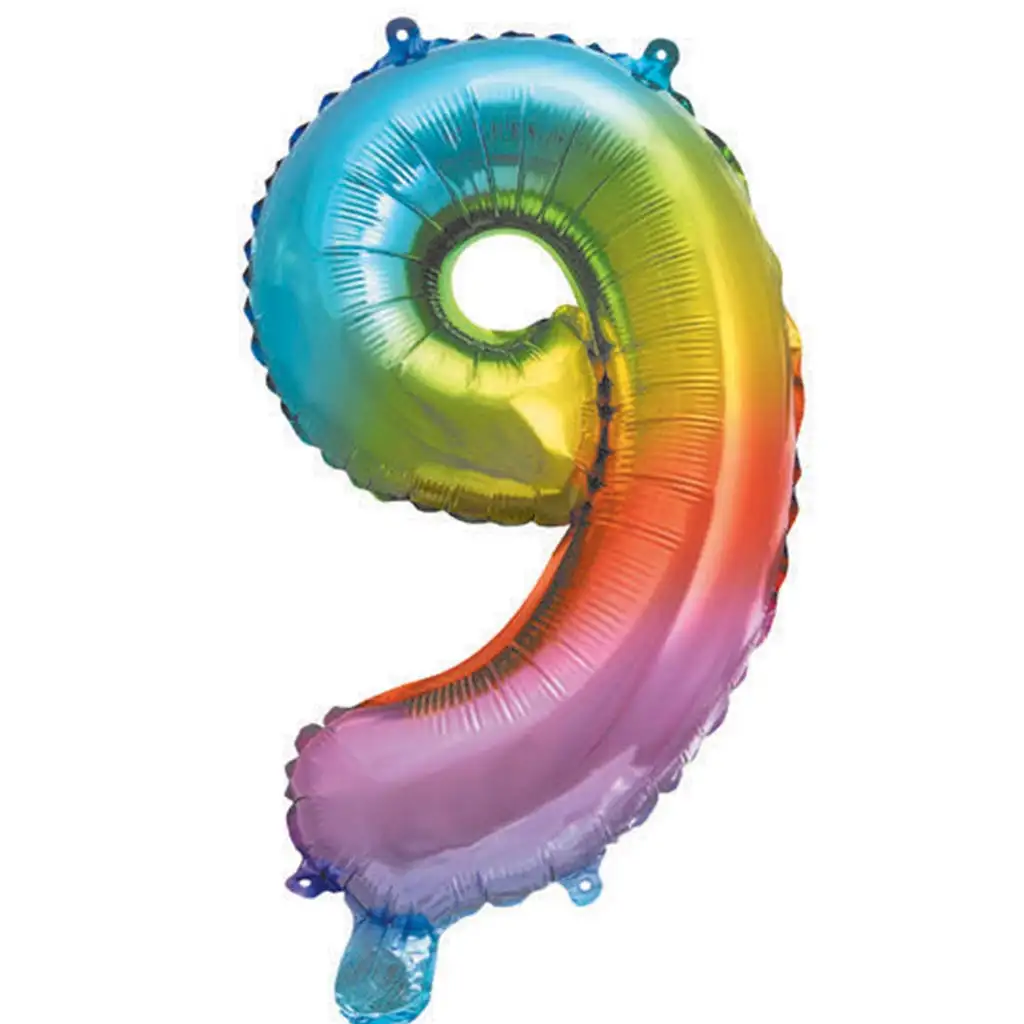 Početné fóliové balóny v kovovej dúhovej farbe – číslo 9, 34 cm