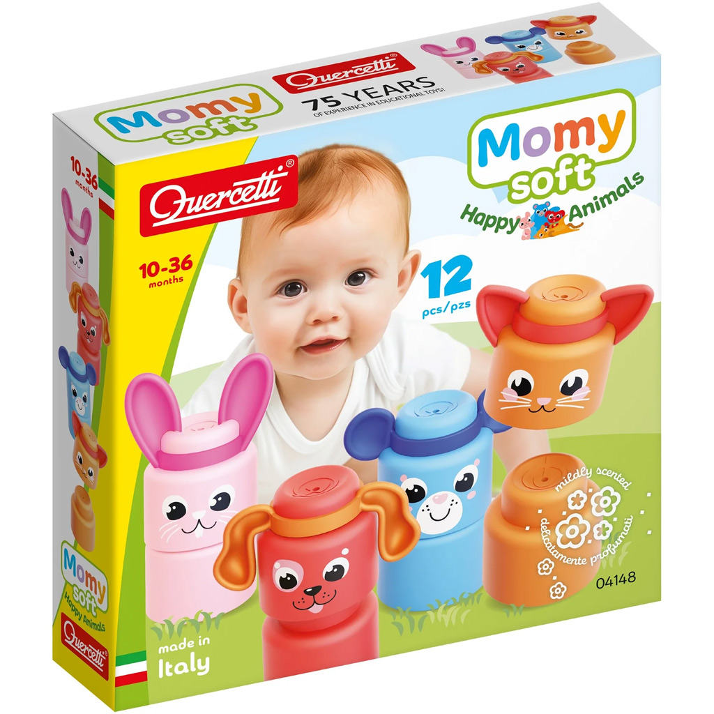 Quercetti: Momy Soft šťastné zvieratá 12-dielna súprava mäkkých stavebných kociek