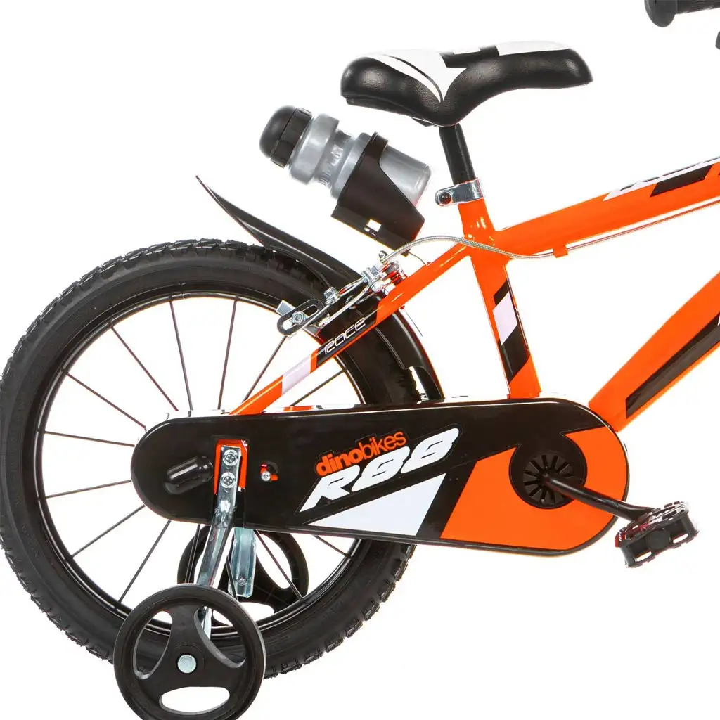 R88 14” detský bicykel s držiakom na fľašu a pomocnými kolieskami v oranžovo-čiernej farbe – bicykel Dino Bikes kép 3