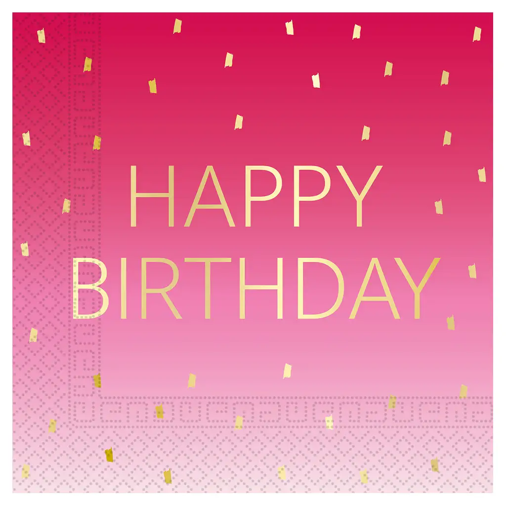 Ružové narodeninové dvojvrstvové papierové servítky s nápisom "Happy Birthday", balenie 20 ks.