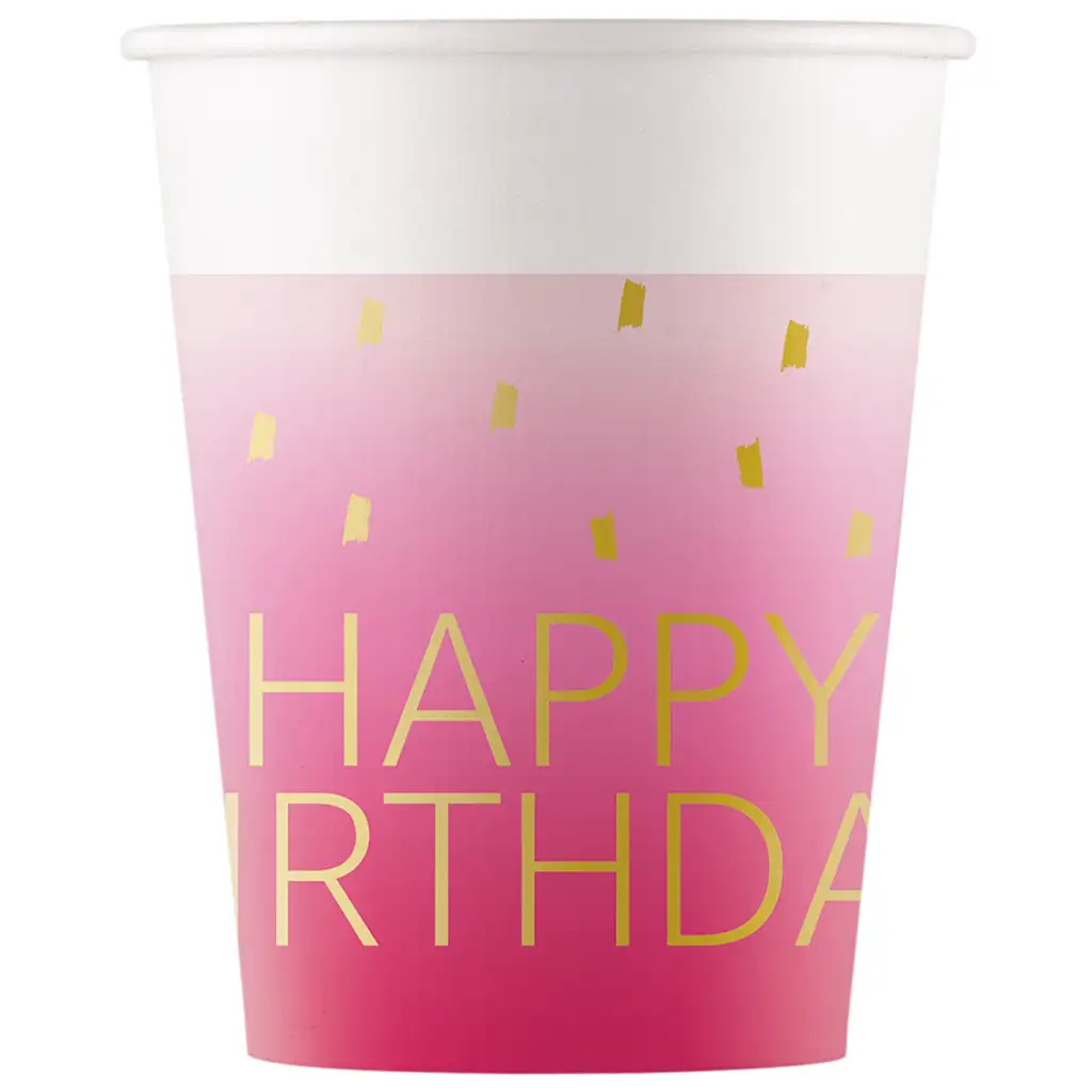 Ružové papierové poháre s nápisom "Happy Birthday", 8 ks sada, 200 ml
