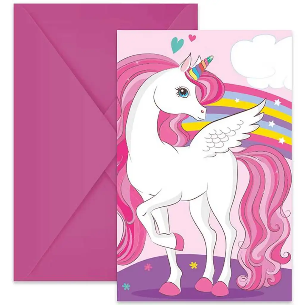 Sada 6 dúhových jednorožcových pozvánok s obálkami na párty
