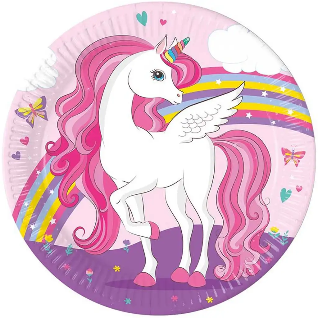 Sada papierových tanierov s dúhovým jednorožcom, 8 ks, 23 cm