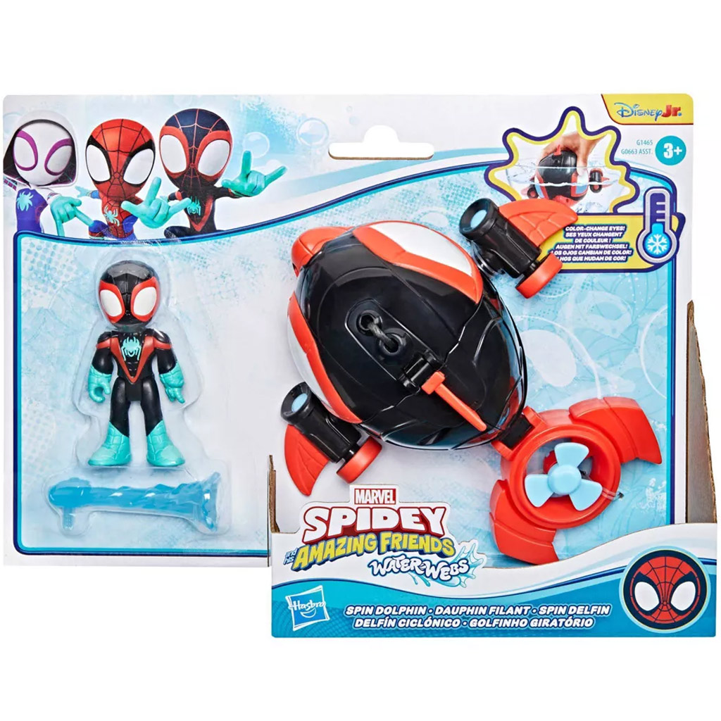Spidey a jeho úžasní priatelia: Figúrky Waterwebs a meniacie farbu vozidlá - Spin Dolphin - Hasbro