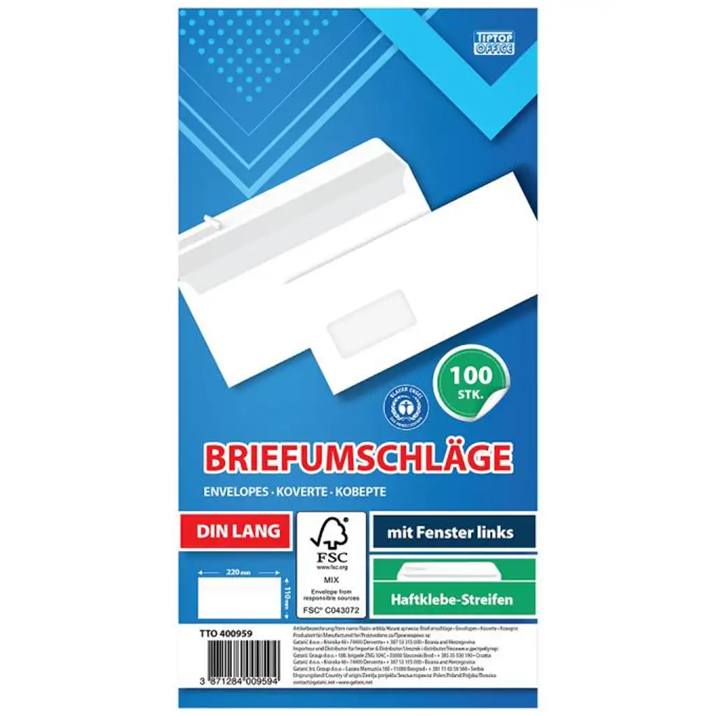 Spirit: Biela obálka s ľavým okienkom LA/4 11x23cm balenie 100 ks