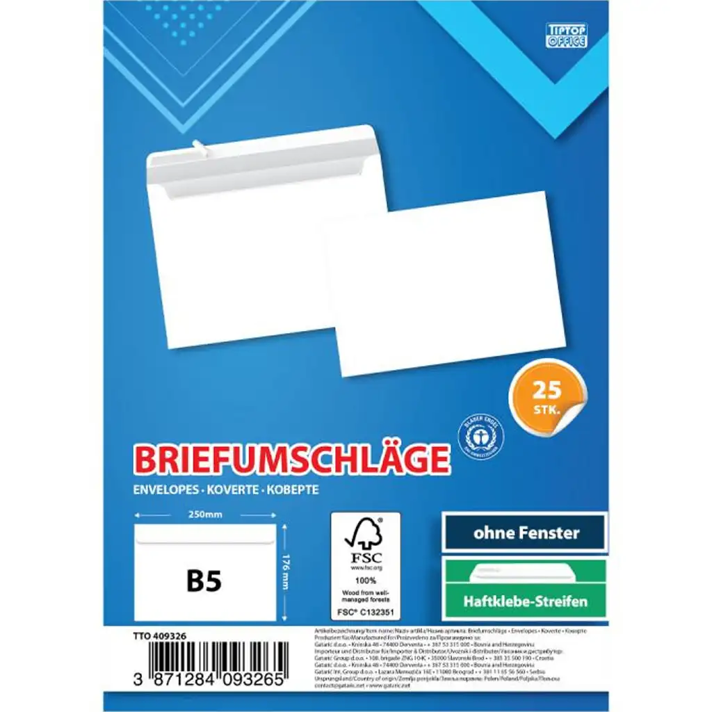 Spirit: Biele obálky B5 25x17cm balenie 25 ks