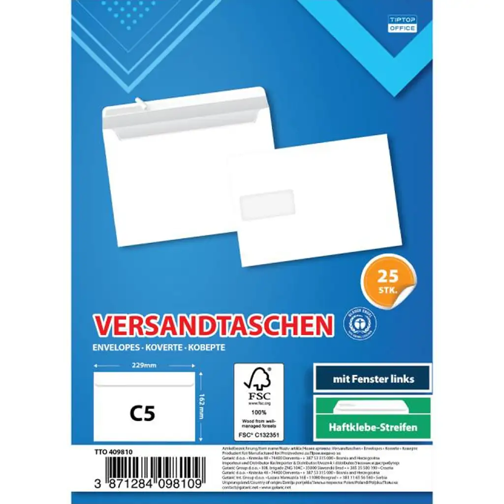 Spirit: Biele obálky s ľavým okienkom C5 22,9x16,2cm balenie 25 ks