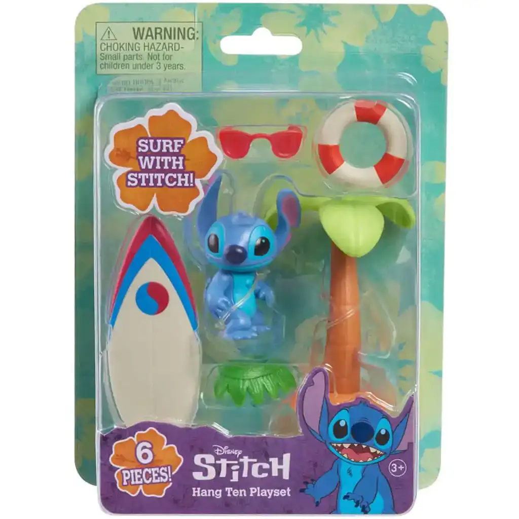 Stitch hračka so surfovacou doskou a palmou