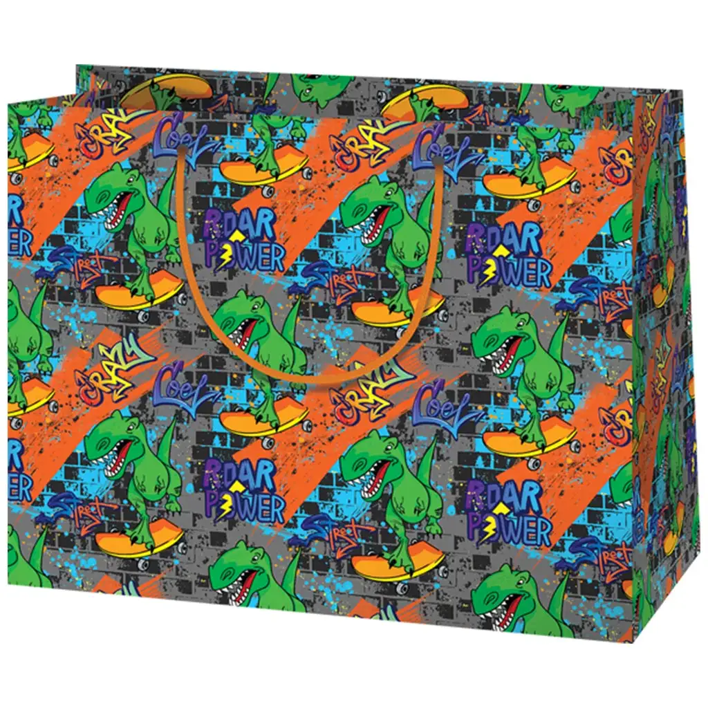 Stredne veľká darčeková taška s T-Rexom na skateboarde 18x10x23cm