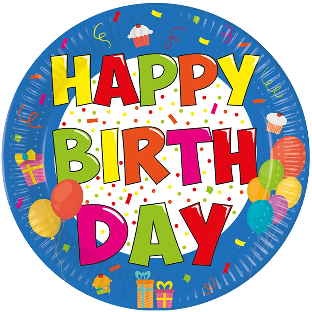 Veselá narodeninová sada tanierov s nápisom "Happy Birthday", 8 ks