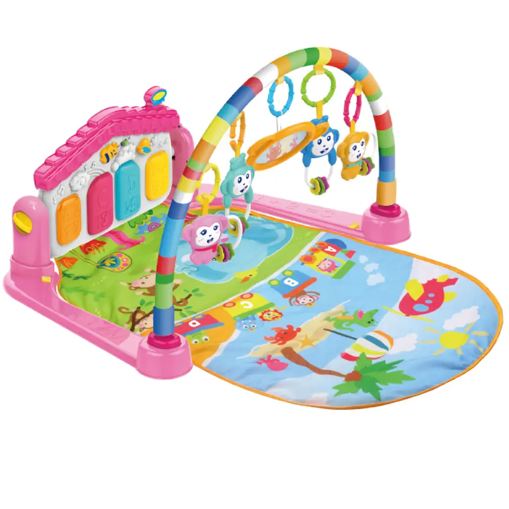 Veselé zvieratá ružová hracia podložka s detským klavírom 64x78cm kép 2