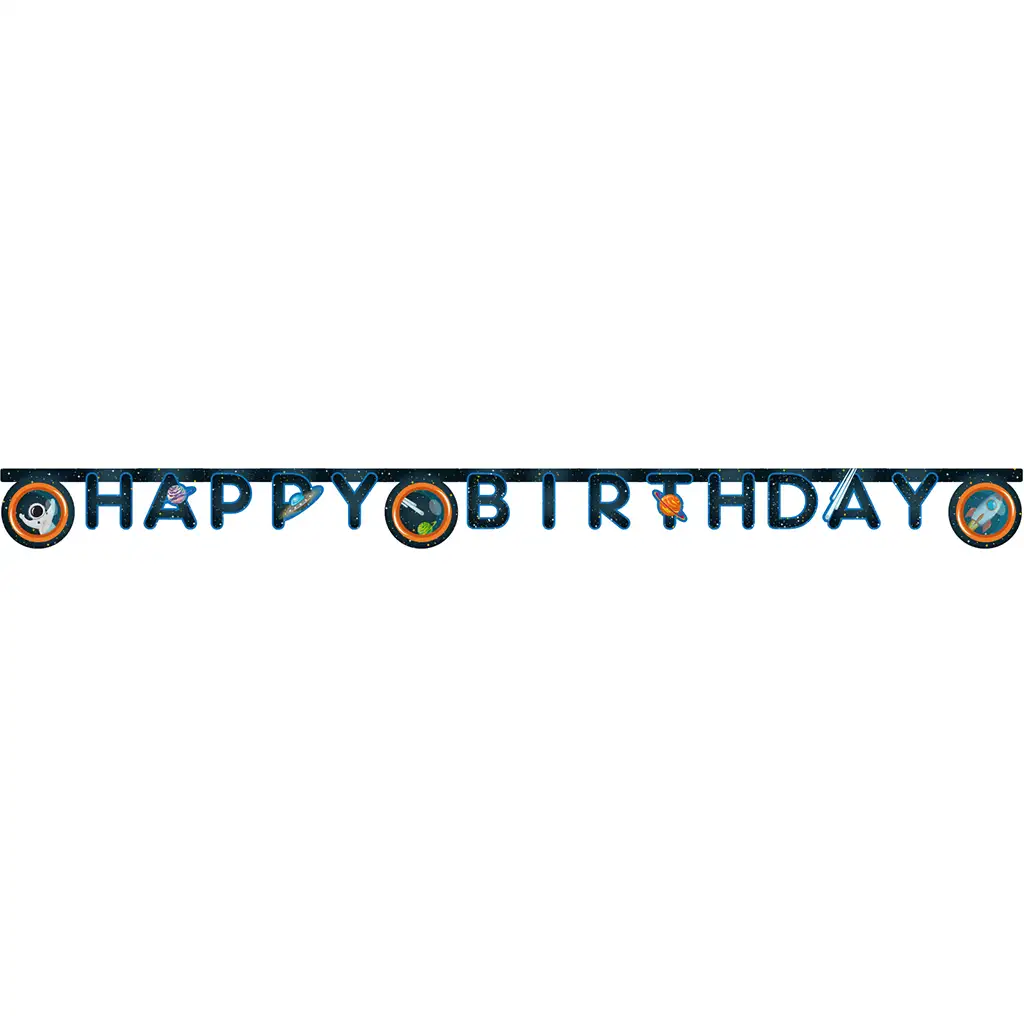 Vesmírne dobrodružstvo narodeninový banner s nápisom „Happy Birthday“