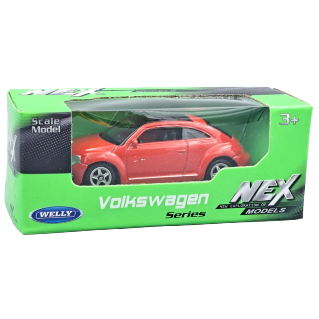 Welly: Moderný červený model autíčka Volkswagen Chrobák 1/64