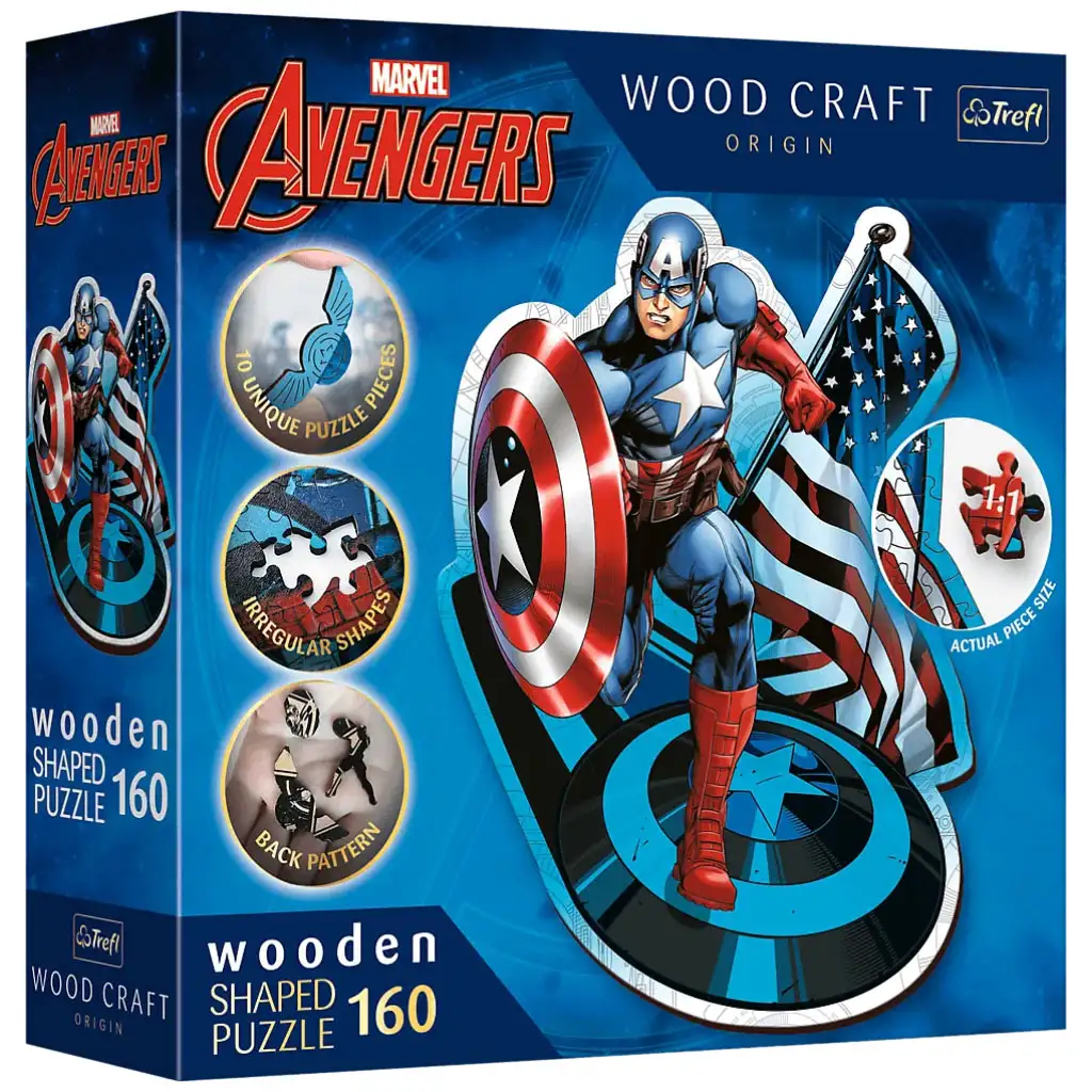 Wood Craft: Marvel - Kapitán Amerika 160 kusový prémiový drevený puzzle - Trefl