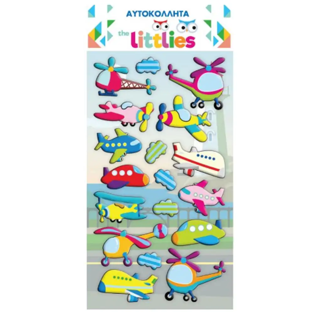 The Littlies: 3D nadýchaná nálepka s motívom lietadiel a helikoptér na hárku 10x22 cm