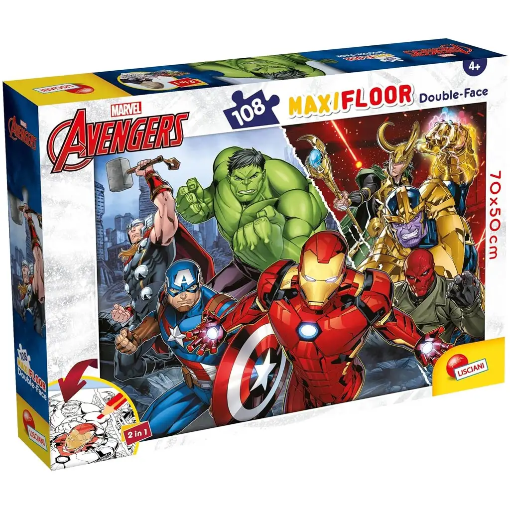 Avengers 2 v 1, maxi puzzle so 108 dielikmi a omaľovánka 70x50 cm – Lisciani