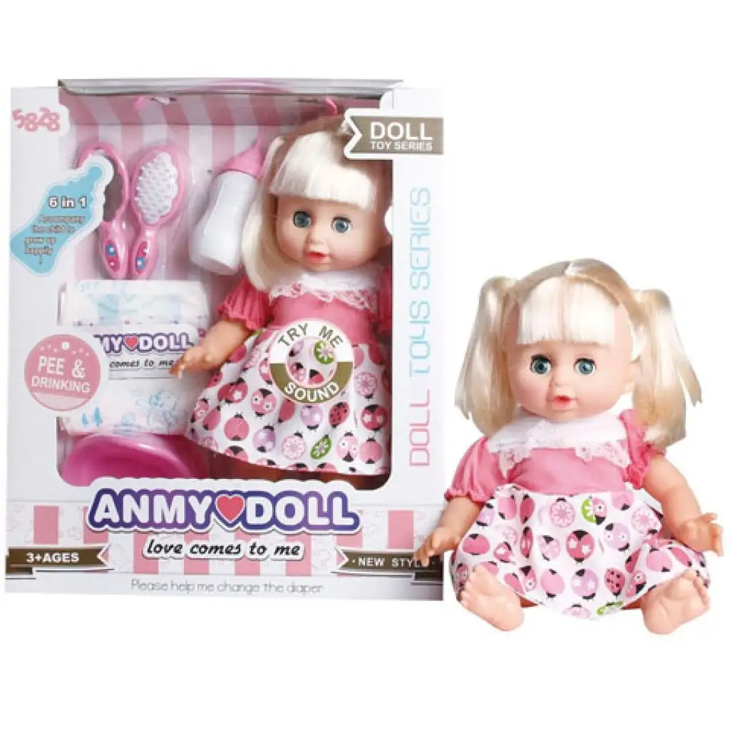 Bábika s blond vlasmi, so zvukom a v šatách s lienkovým vzorom