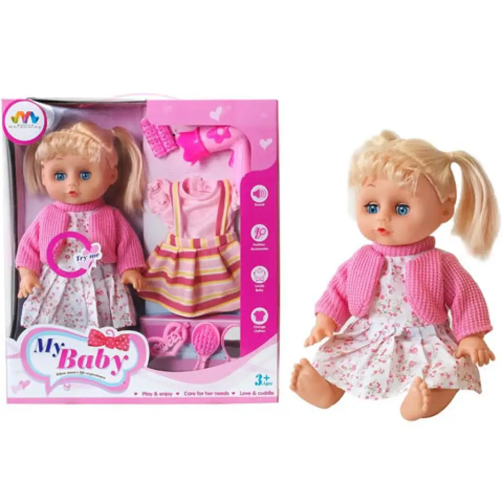 Bábika s blond vlasmi, so zvukom, s oblečením a príslušenstvom