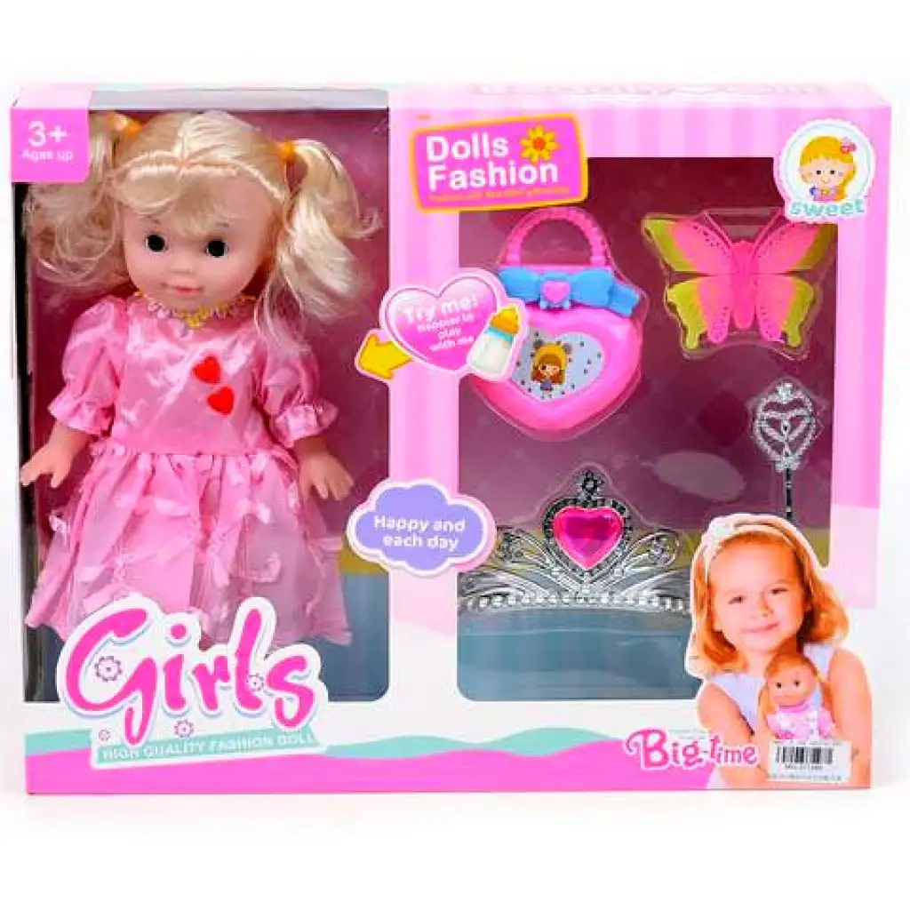 Bábika s vrkočom, s diadémom a príslušenstvom 25 cm