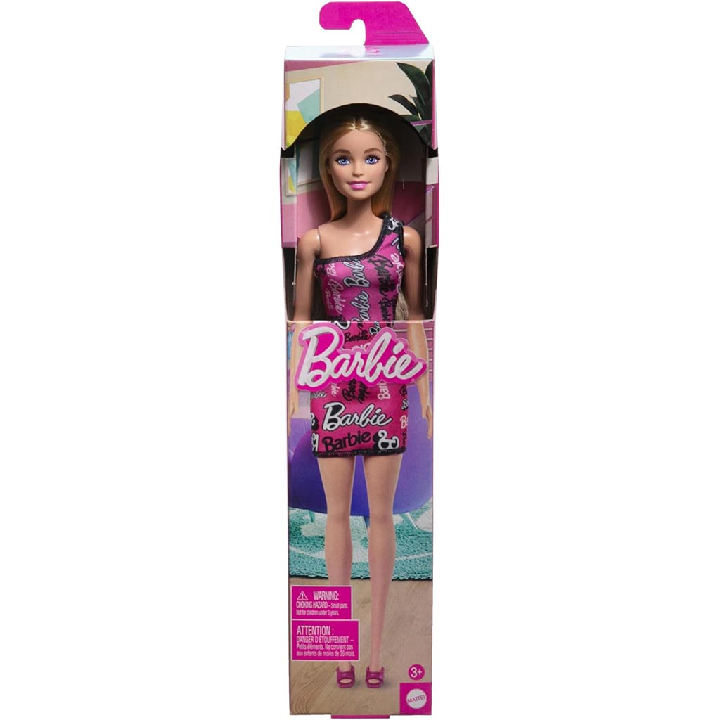 Barbie Chic blondínka módna bábika v ružových šatách s nápisom Barbie - Mattel