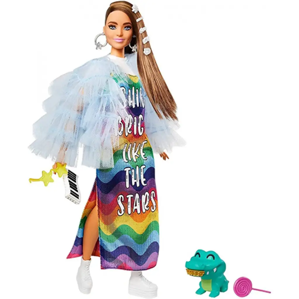 Barbie: Extravagáns baba szivárványos ruhában - Mattel kép 2