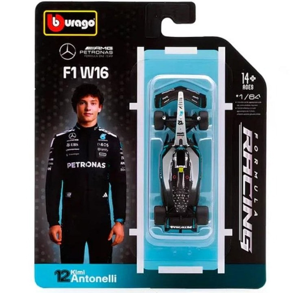 Bburago: Mercedes‑AMG Petronas F1 W16 (2025) závodné auto, kovový model v mierke 1:64 (Andrea Kimi Antonelli #12)