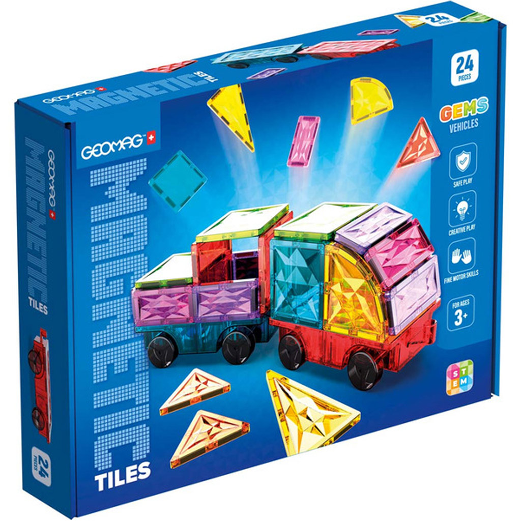 Geomag: Magnetic Tiles Gems – vozidlá, magnetické stavebné kocky, 24-dielna sada