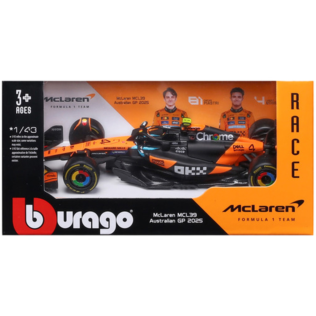 Bburago: McLaren MCL39 F1 (2025) závodné auto, kovový model v mierke 1:43 (Lando Norris #4)